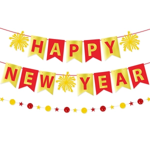 Red and gold Happy New Year banner set with glittery star and dot hanging decorations