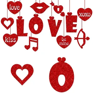 Red glitter Valentine's Day hanging decorations set featuring love hearts and lips