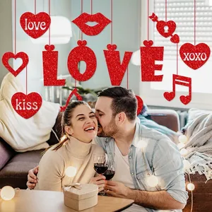 Sparkling red glitter LOVE heart hanging decorations for Valentine's Day party backdrops