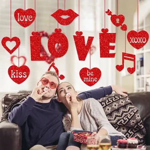 Red glitter Love heart hanging decorations for Valentine's Day party and proposal setup
