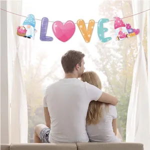 Valentine's Day Love banner with gnome and heart decor for romantic party setting