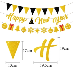 Glittery Happy New Year banner set with black gold triangle flags and festive ornaments