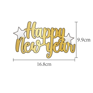 Detail of Happy New Year cake topper in gold metallic finish with size measurements