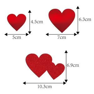 Size chart showing three dimensions of glittery red heart decorations for weddings