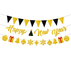 Glittery Happy New Year banner set with black gold triangle bunting and holiday party pendants
