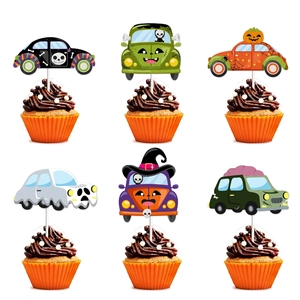 Halloween cupcake toppers set with cartoon ghost, skull and pumpkin car decorations