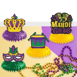 Kit decorativo Mardi Gras con centrotavola a nido d'ape, maschere e collane di perline