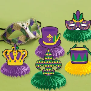 Decorazioni a nido d'ape per Mardi Gras e maschera di paillettes in viola verde e oro