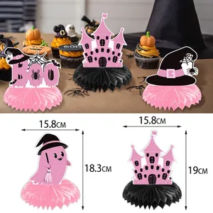 Pink Halloween honeycomb centerpieces set with ghost, castle and Boo sign for party decor