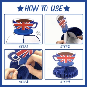 Step-by-step assembly guide for British flag themed honeycomb table centerpiece