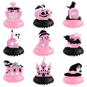 9-piece pink and black Halloween honeycomb table centerpieces with ghosts and pumpkins