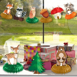 Centre de table nid d'abeille animaux de la forêt avec renard et hibou pour fête