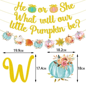 Detail view of pumpkin gender reveal banner with size specs and gold glitter letters