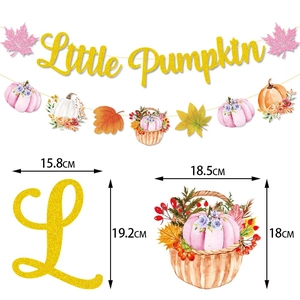 Detailed view of Little Pumpkin banner dimensions with glitter letters and floral pumpkin pieces