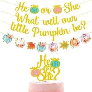 Thanksgiving Pumpkin Gender Reveal Party Banner Cake Topper Autumn Baby Shower Glitter Paper Hanging Decoration