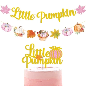 Little Pumpkin gold glitter party banner and cake topper set for autumn baby shower decor