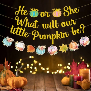 Golden glitter He or She pumpkin gender reveal banner for autumn theme baby shower party