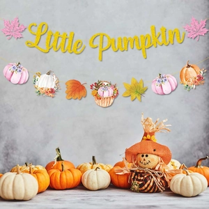 Little Pumpkin banner with gold glitter letters and maple leaf decorations for fall party
