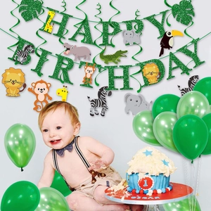 Kit déco 1er anniversaire safari jungle avec bannière Happy Birthday et ballons animaux