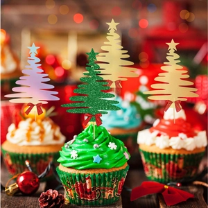 Christmas tree cupcake toppers with glitter finish and red bows for party cake decoration