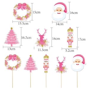 Pink Christmas cake topper set with dimensions showing Santa, tree and reindeer