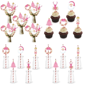 Pink Christmas party topper set featuring Santa, reindeer and tree for cake and straws
