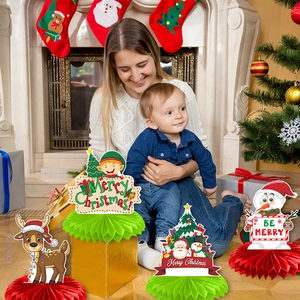 Christmas party honeycomb tabletop decorations with Reindeer Santa and Snowman designs