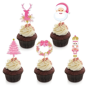 5-piece pink Christmas cupcake toppers featuring reindeer, Santa, and nutcracker designs