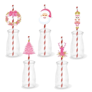 Pink Christmas theme paper straw set with Santa, reindeer and nutcracker designs
