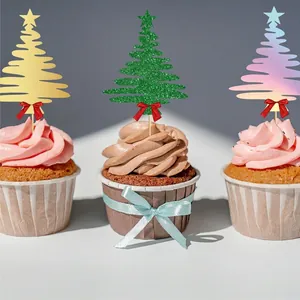 Glittery Christmas tree cupcake toppers with red bows and stars for party cake decoration