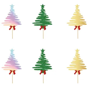 Glitter Christmas tree cake toppers with red bows for holiday party cake decoration