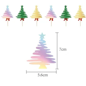 Set of 6 Christmas tree cake toppers in rainbow, gold, and green glitter with red bows