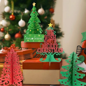 Red and green 3D paper Christmas tree ornaments with glitter and star toppers