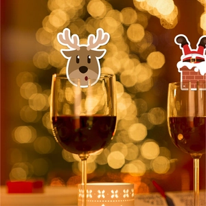 16pcs Christmas wine glass cards featuring reindeer and Santa designs for holiday party