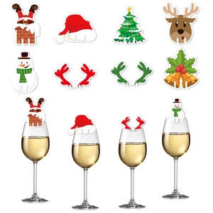 Christmas Wine Glass Decorative Cards Cardboard Cup Rim Ornaments Holiday Party Table Decoration Santa Reindeer Snowman