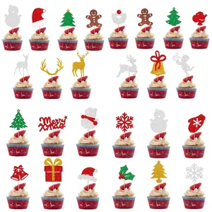 Christmas Cupcake Toppers Glitter Cardstock Cake Decorating Insert Picks For Holiday Party Dessert Table Decoration