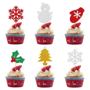 Glitter Christmas cupcake toppers with snowflake snowman and tree shapes for festive decor