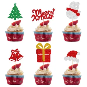 Glitter Christmas cupcake toppers with trees, snowmen and Merry Xmas lettering set