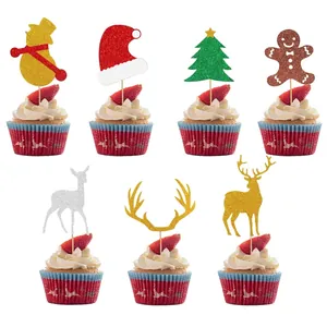 Christmas cupcake toppers set with reindeer, tree and snowman shapes for party decor