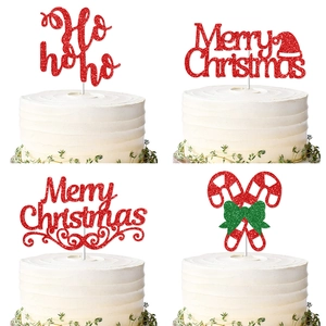 Christmas Cake Topper Glitter Cardstock Merry Christmas Ho Ho Ho Reindeer Candy Cane Holiday Party Dessert Decor