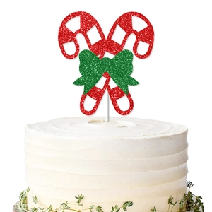 Glittery candy cane cake topper with green bow for Christmas party cake decoration