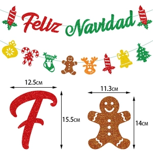 Feliz Navidad glitter banner set with gingerbread man and Christmas tree decorations