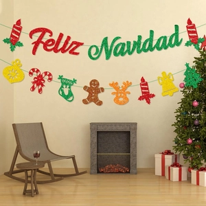 Glitter Feliz Navidad Christmas banner set with festive gingerbread and reindeer decor