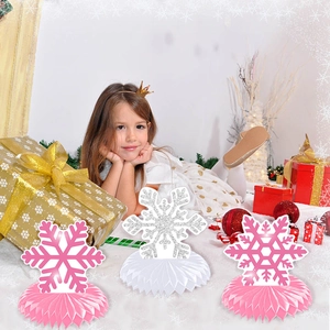 Winter snowflake honeycomb centerpieces in pink and silver for Christmas party decor