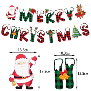 Red and black plaid Merry Christmas banner with reindeer and santa claus holiday decor