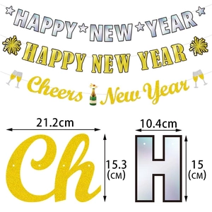 Three styles of Happy New Year banners with glitter gold and blue purple gradient designs
