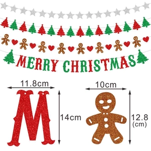 Glittery Merry Christmas banner set with reindeer, snowflakes and gingerbread man decor