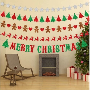 Christmas banner set with reindeer, snowflakes, and Merry Christmas sign decorations