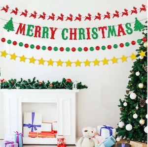 Glittery Christmas reindeer and Merry Christmas banner set with gold star garland decor