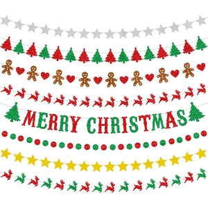 Glitter Christmas Garland Banner Merry Christmas Reindeer Star Gingerbread Man Xmas Party Wall Mantel Decor Prop